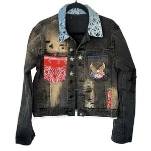 America Patchwork Denim Jacket Medium Black USA Western Grunge Y2k Biker Indie
